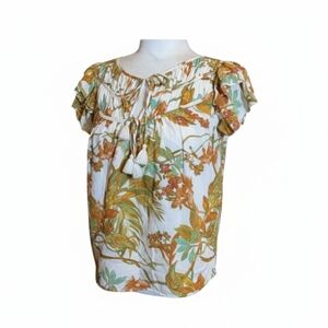 Flutter Sleeves Tassel Front Bohemian Tropical Rayon Blouse  Rose + Olive Sz S